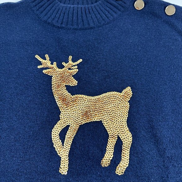 Talbots Sequin Reindeer Mockneck Sweater Blue Gold Buttons M Petite Holiday Look - Picture 14 of 14